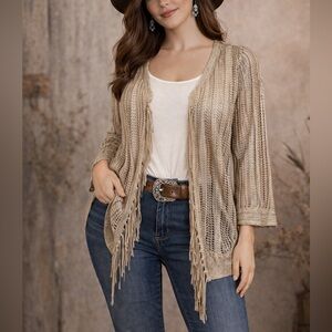 Chico’s Open Knit Fringed Bohemian Cardigan Topper Beige Metallic size medium